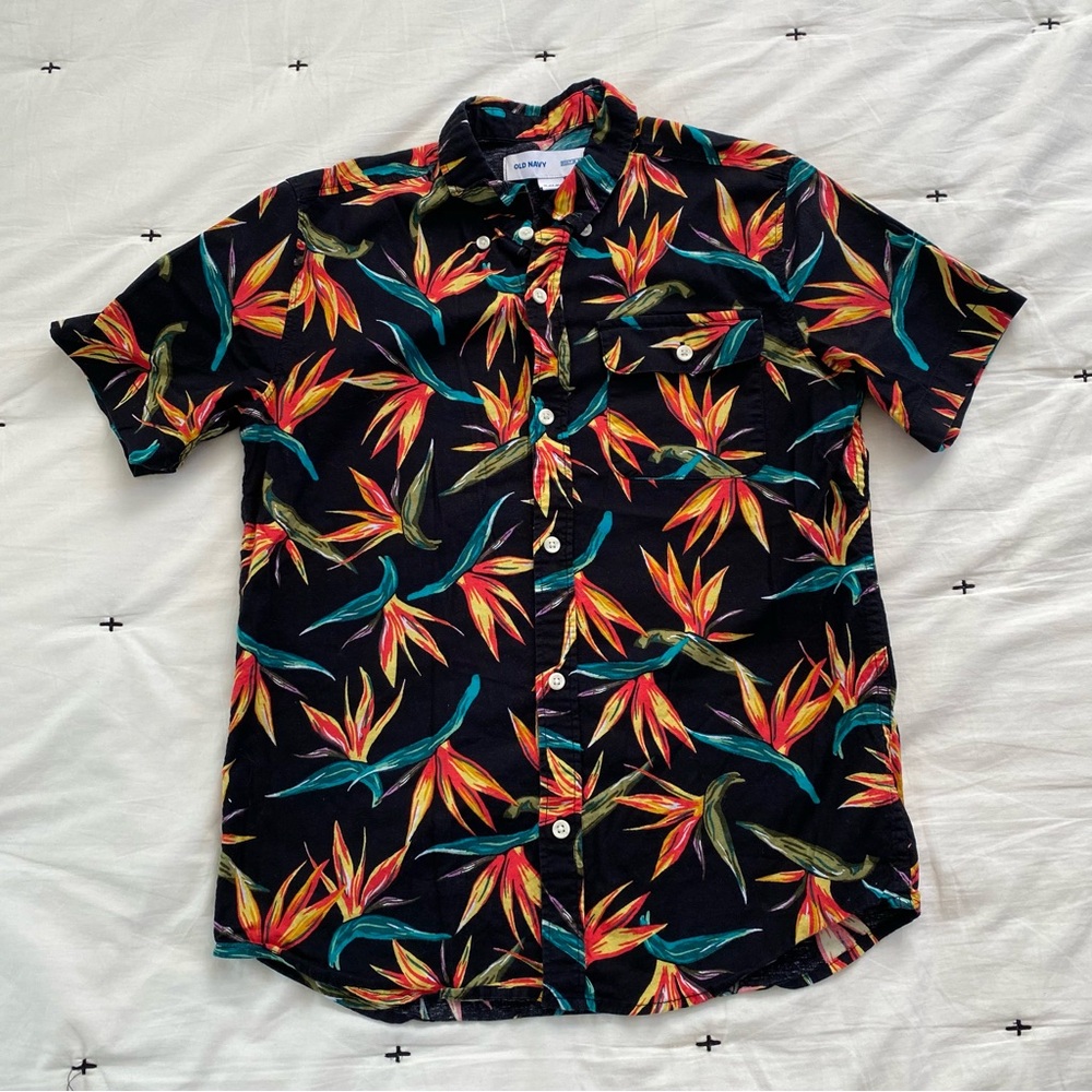 Old Navy Boys XL 14-16 Shirt Hawaiian Tropical Floral Black Teal Flex Stretch